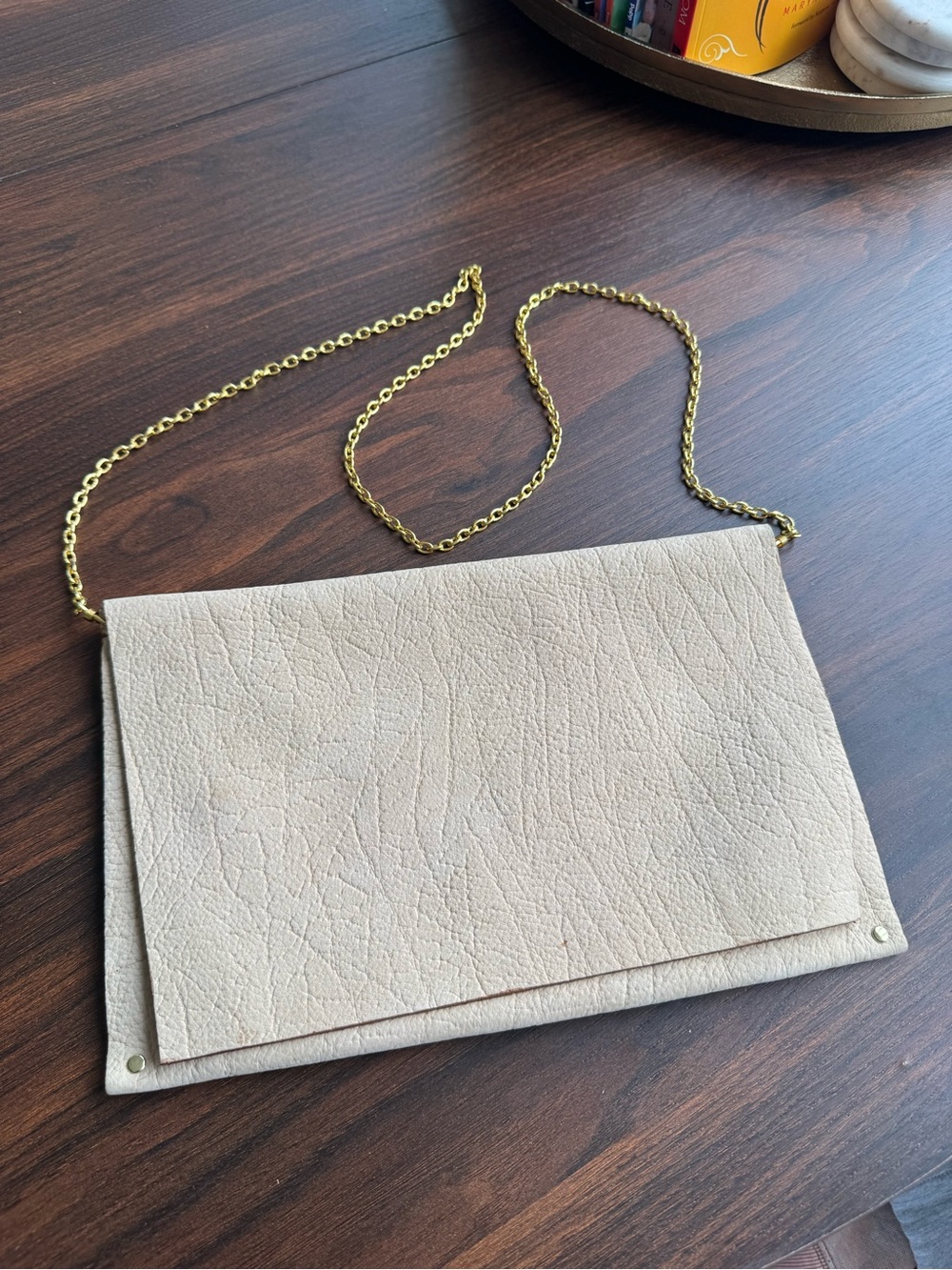 Cream Beige Leather Crossbody Clutch with Gold Chain